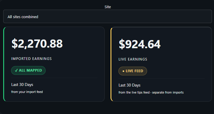 Two headline cards side by side, imported earnings and live earnings for the same 30-day period