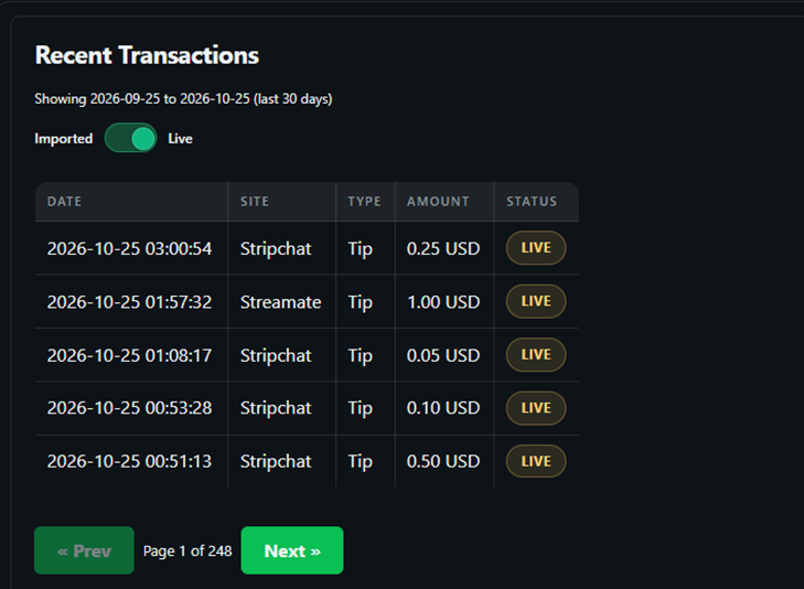 The same recent transactions table switched to the live view, every row carrying a live status badge