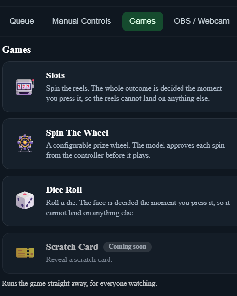 The games tab listing Spin The Wheel, Dice Roll and Slots, each with an on or off toggle, a description and a Configure button
