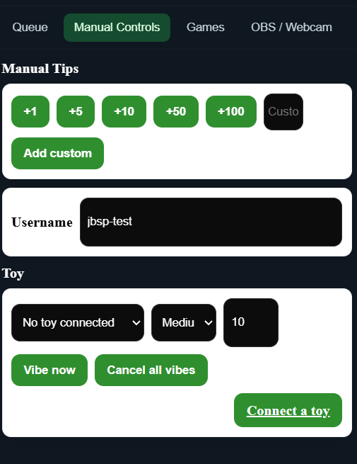 The controller manual controls tab with manual tip buttons in token amounts, a custom amount box and Lovense toy controls