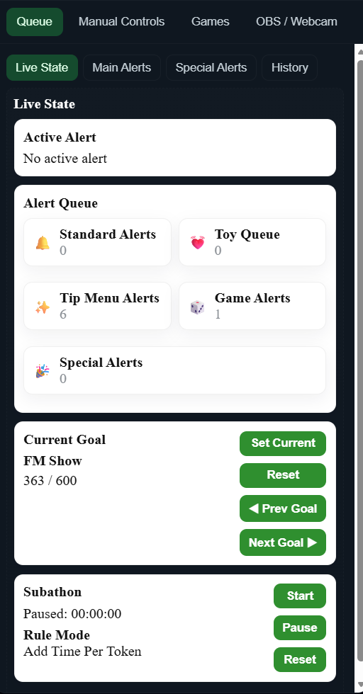 The controller queue tab showing the active alert, alert queues, current goal progress and subathon timer controls