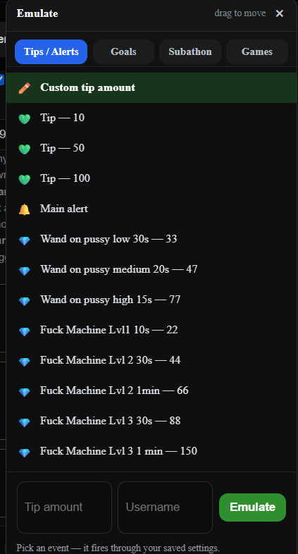 The emulate panel listing test tips, a main alert, Lovense wand and Fuck Machine toy commands at set amounts, with a custom tip amount and username field