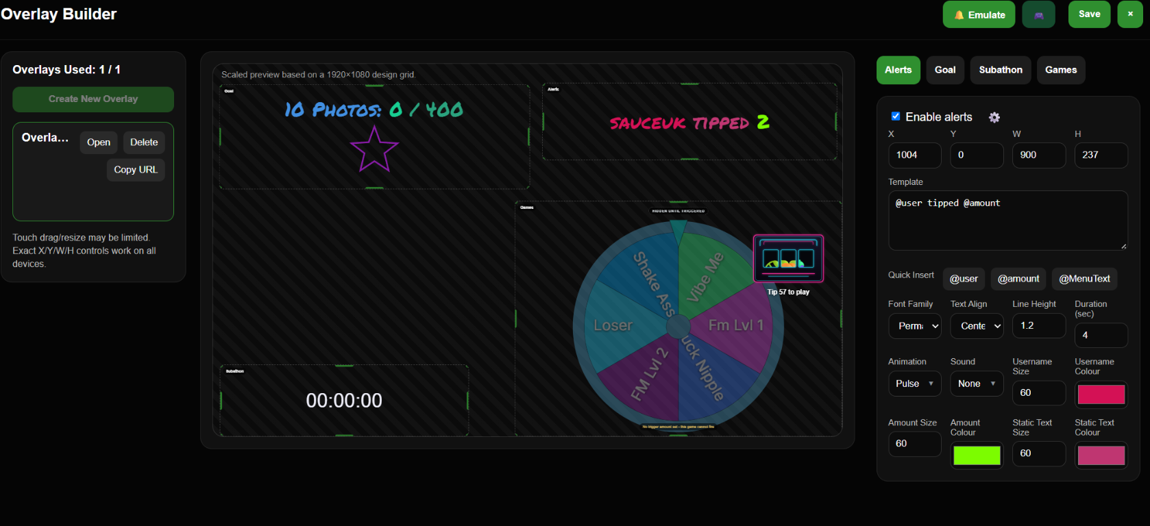 The JBSP overlay builder: a goal bar, tip alert, spin-the-wheel game and subathon timer placed on a 1920x1080 design grid, with the alert settings panel open on the right