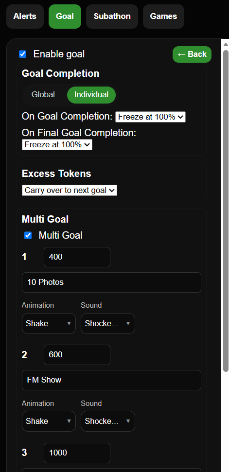 Goal settings with multi goal enabled and three goals set at 400, 600 and 1000 tokens, each with its own label, animation and sound