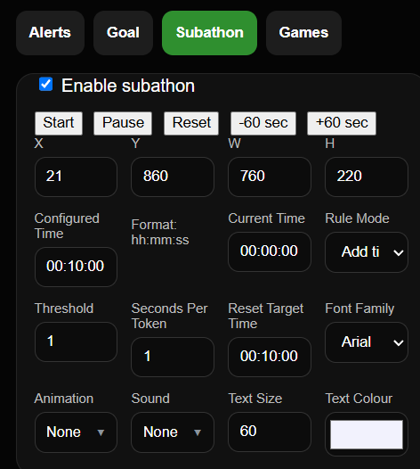 Subathon settings with start, pause and reset controls, configured time, seconds per token, reset target, font, animation and text colour